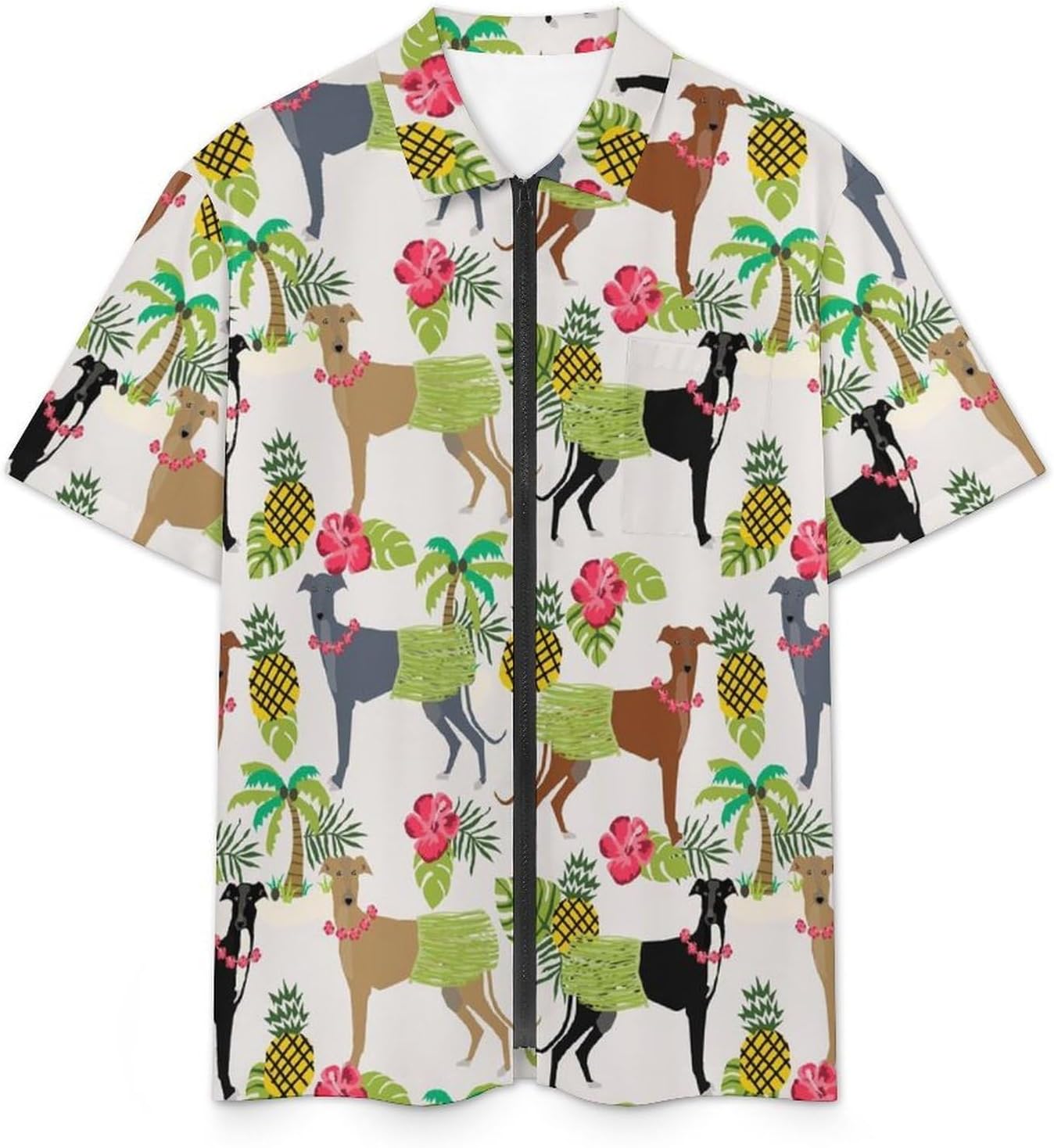 Tropical Palm Tree Hula Dancer Dog Greyhound Pattern Men's Short Sleeve Shirt Zip-Up Golf Polo Shirts with Pocket