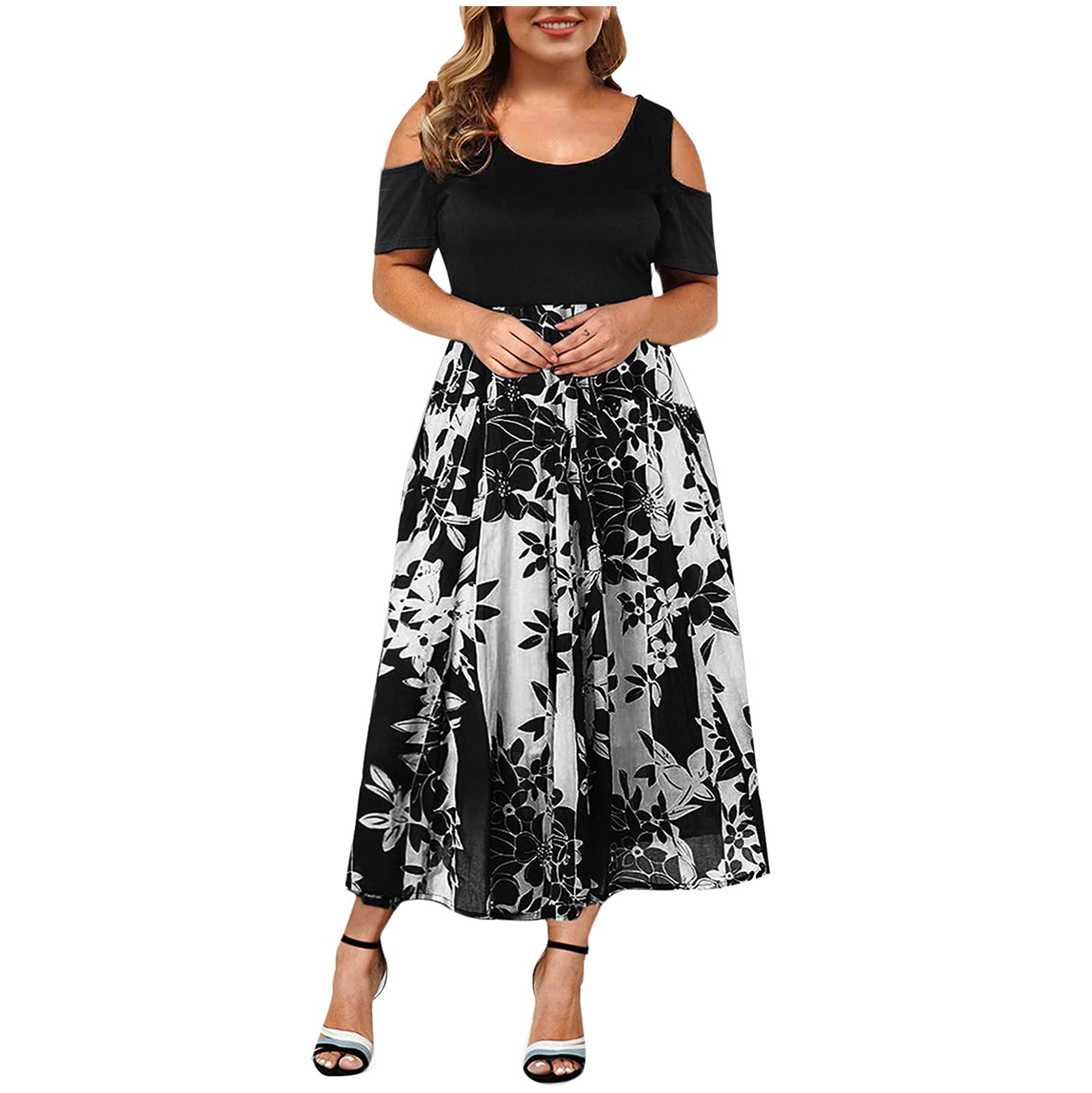 NUSGEAR Nuevo 2021 Vestidos Largo para Mujer, Moda Tallas Grandes Fiesta Vestido Elegante Cuello Redondo Manga Corta Vestido de Noche Verano Impresión Casual Vestidos Cortos Sexy Vestido Vestido un Hombro