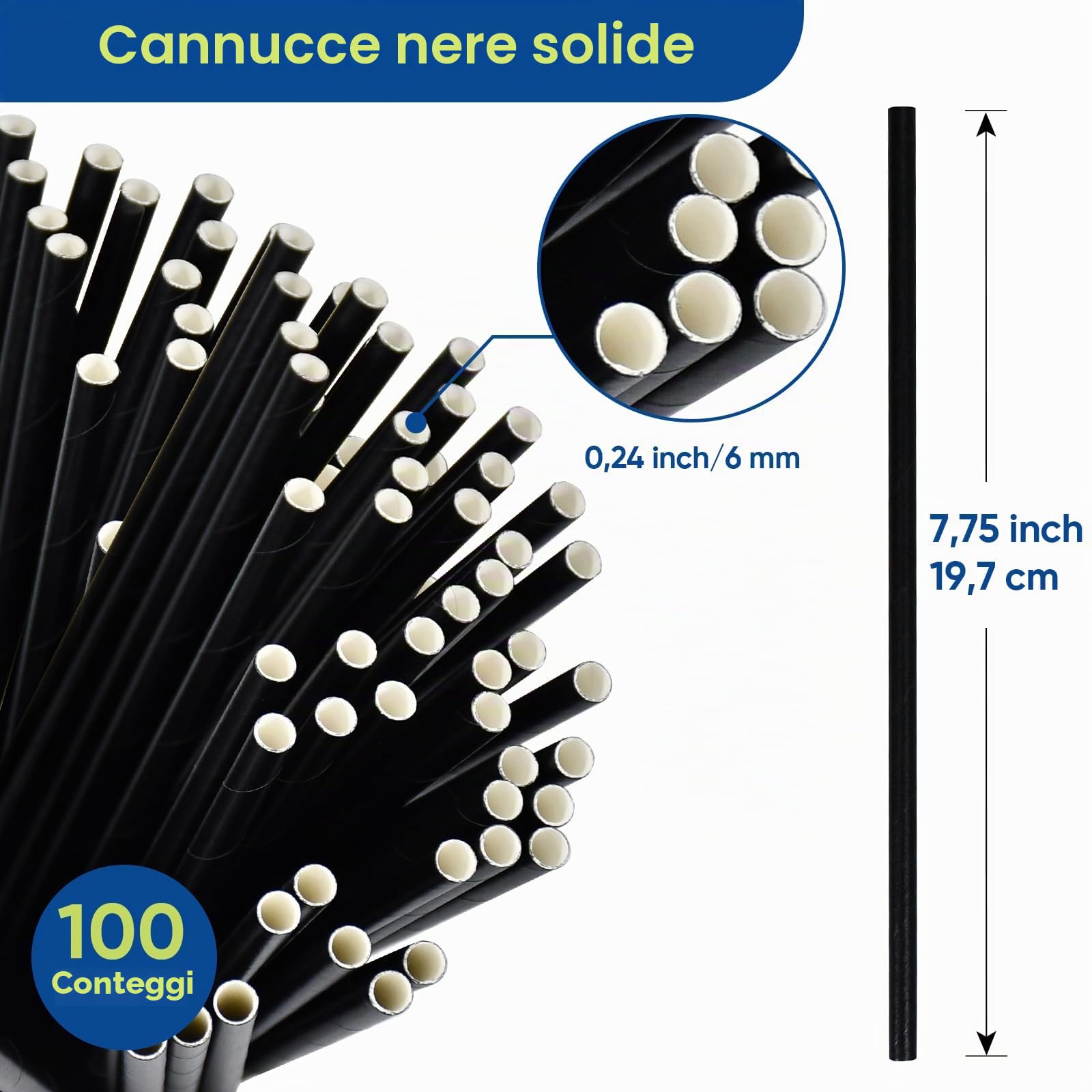 Cannucce di carta usa e getta nere – 100 pezzi, 19,7 x 0,6 cm – per cocktail, caffè, bevande, bar, ristoranti