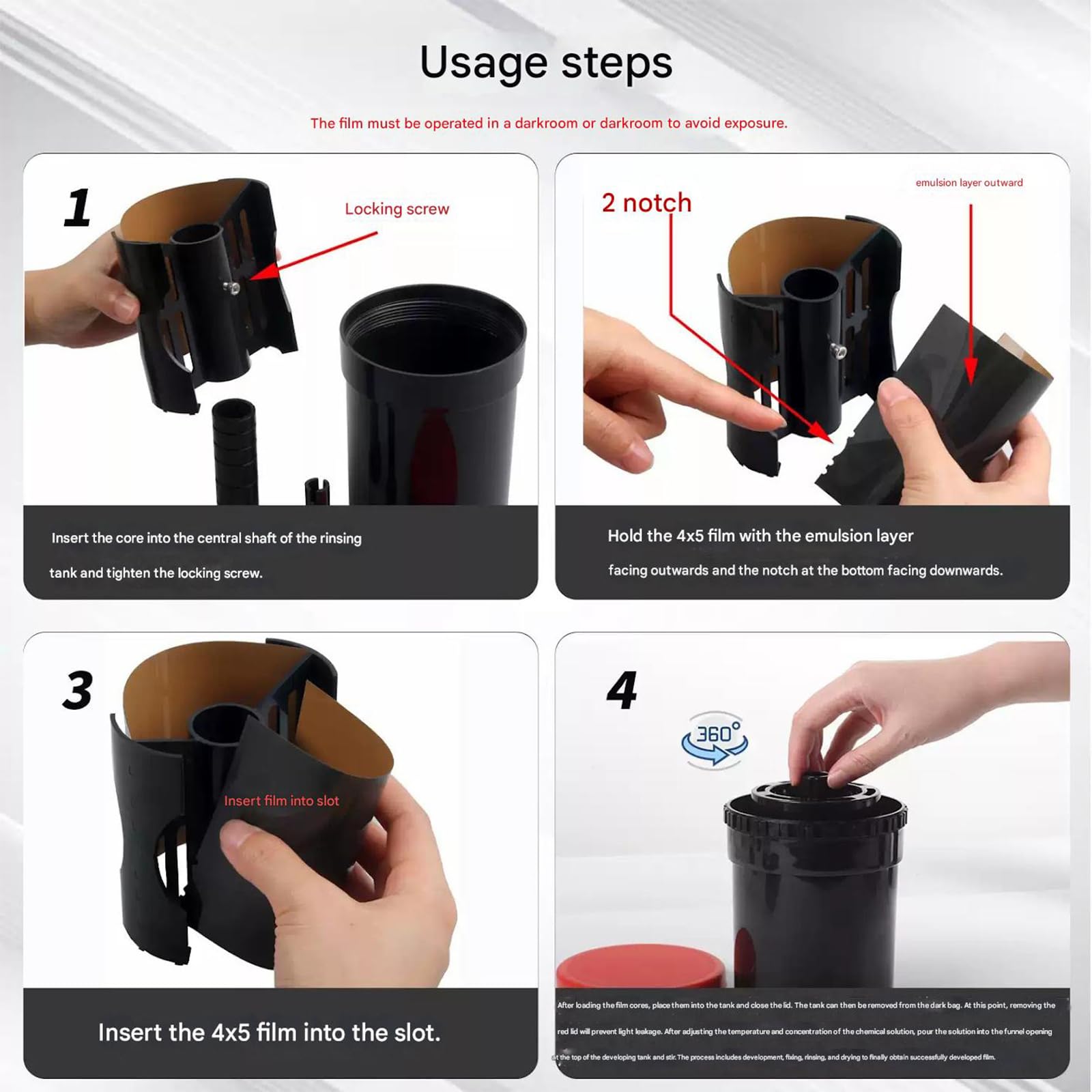 Contenedor de revelado de 4 x 5 para película en blanco y negro que garantiza una agitación uniforme, proceso de limpieza simple, accesorios de película