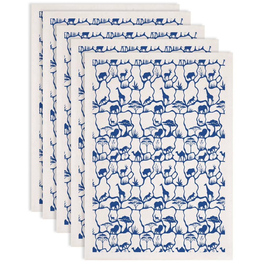 SUPERDANT 5Pcs 52x37cm Underglaze Transfers for Pottery Ceramic Decal Paper Trimmable Water Transfer Paper Savannah Wildlife Pattern for Vase Plate Cup Blue