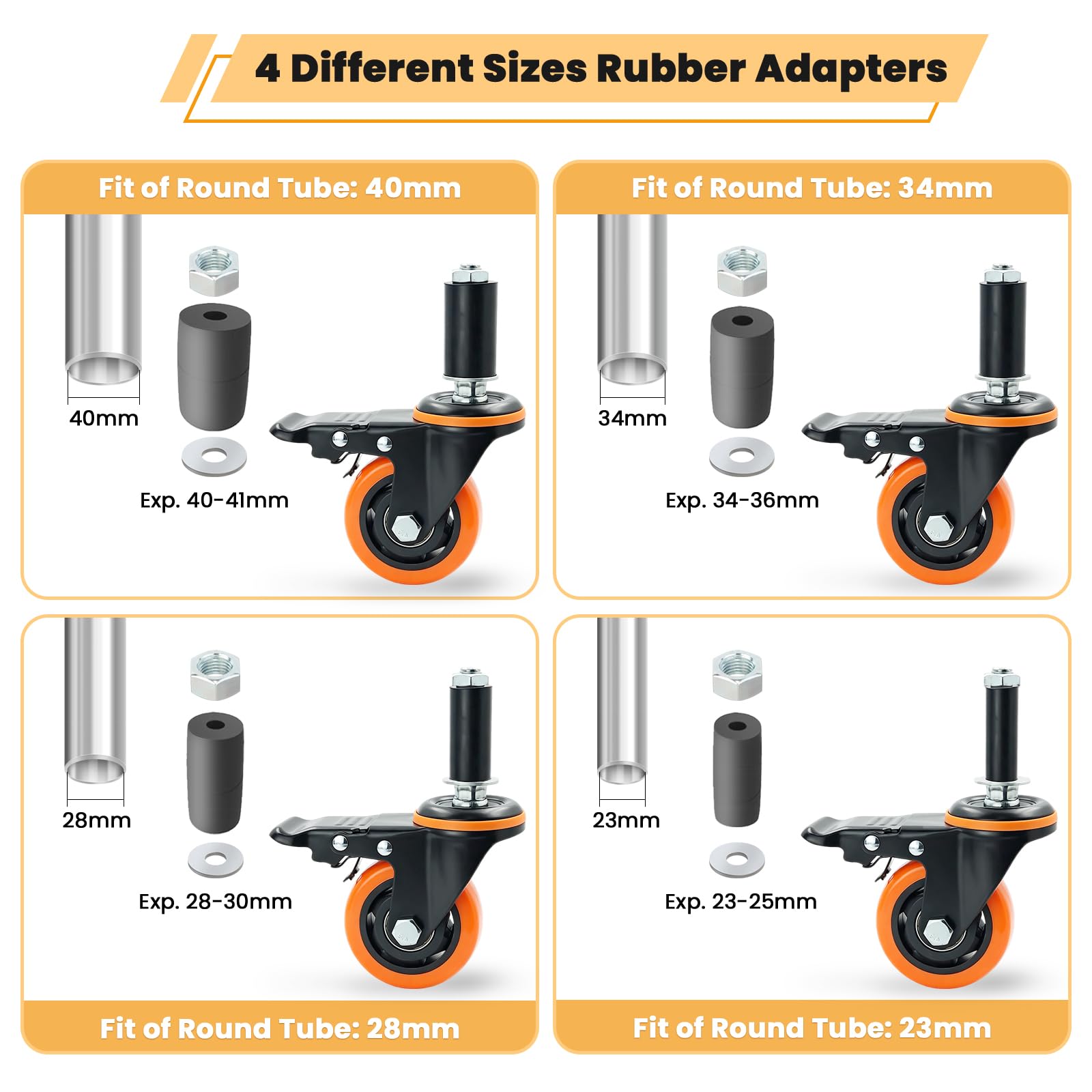 75mm Dilatabile Perno ruote per carrelli set da 4 con Freno Arancione, per carichi pesanti 400KG Totale capacità di carico, Si adatta 23mm/28mm/34mm/40mm Tuba Gamba, ideale per Prep Tables, Carrelli
