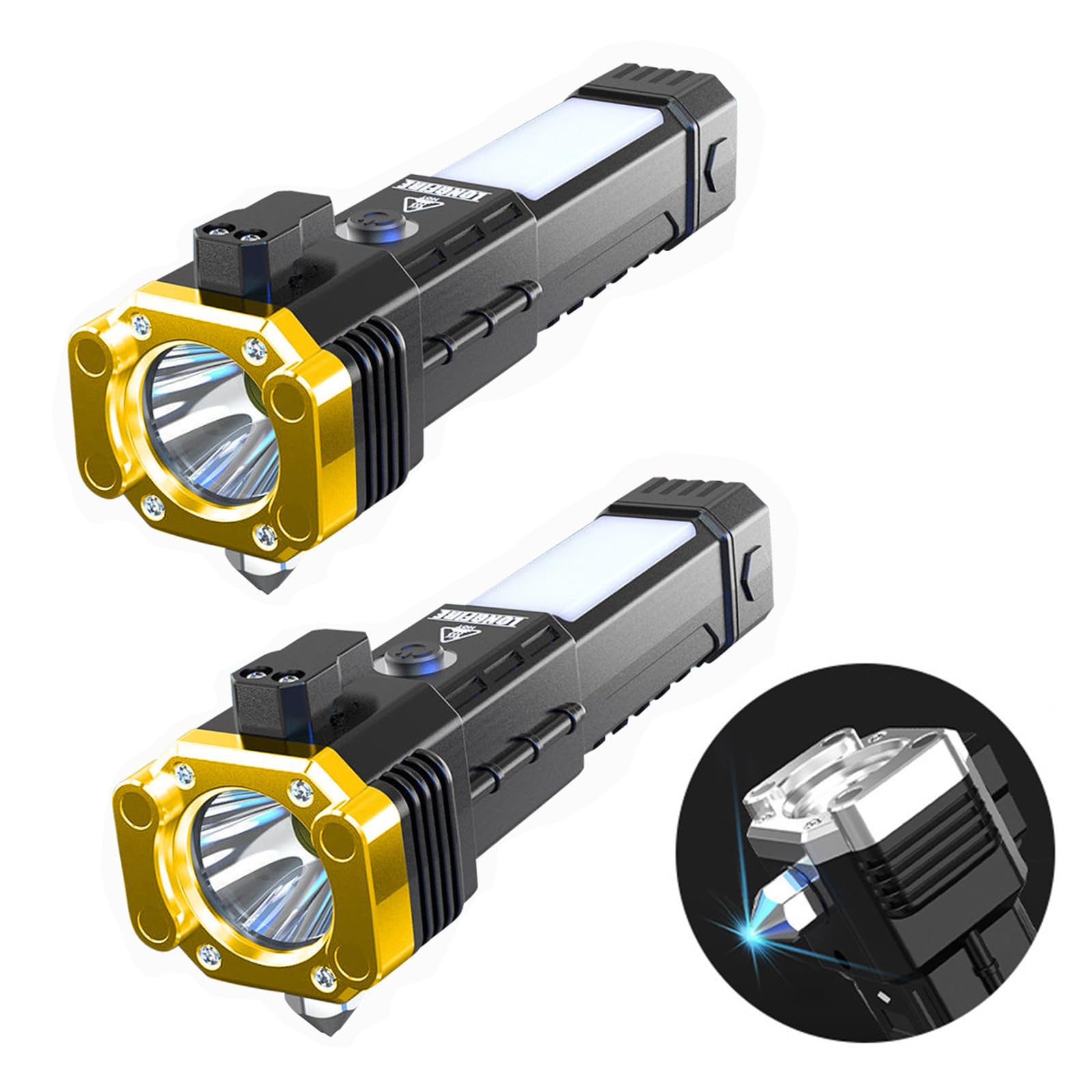 KidmisCar Flashlight Multifunctional Torch, Camping Torches LED Super Bright Rechargeable, 12000 Lumens Special Forces Strong Light Flashlight with Safety Hammer [Energy Class A+++] (Gold 2pcs)