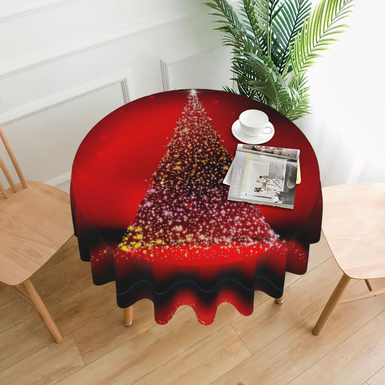 Zcmkjlg Christmas Tree Xmas Glittering Print Quick Ship Round Tablecloth 60in Polyester Washable Cover for Dining Room