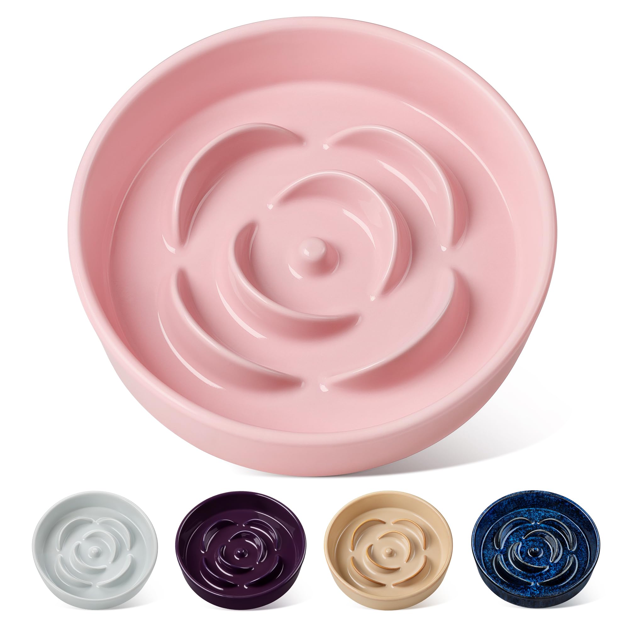 vancasso Flower Shaped Slow Feeder Dog Bowl 960ml Pet Bowl, Ceramic Puzzle Feeder for Small Dogs & Cats, Dishwasher & Microwave Safe, Ideal for Food and Water, Non-Slip & Tip-Proof; Pink; Medium