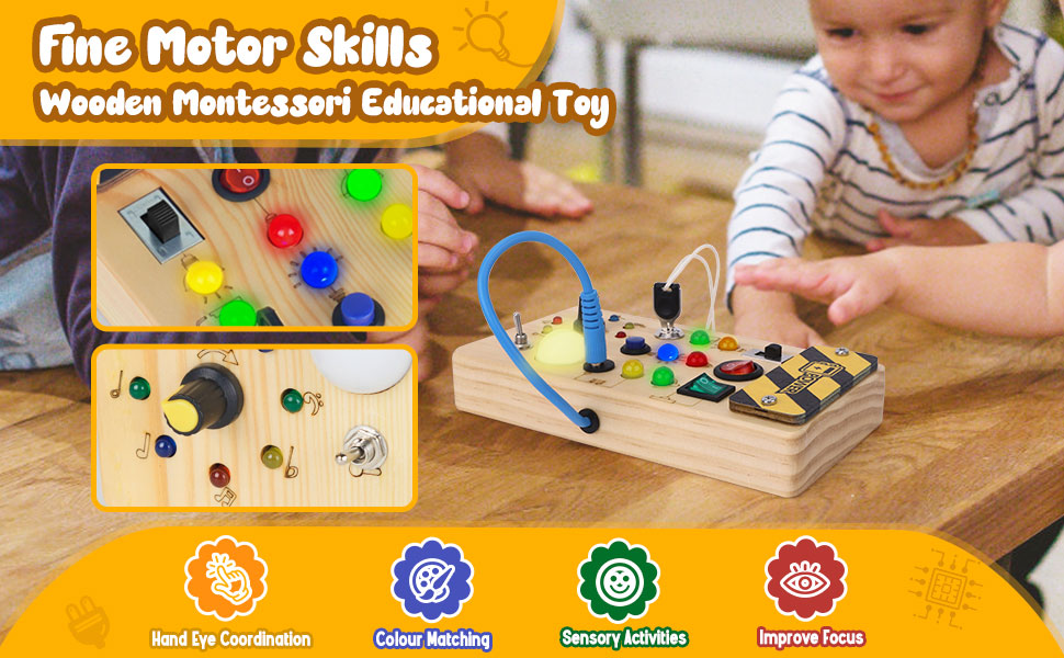 Busy Board De Madera Talifoca – Juguete Montessori Con 8 Interruptores Y Luces LED Para Bebés De 1 A 4 Años, Ideal Para Viajes