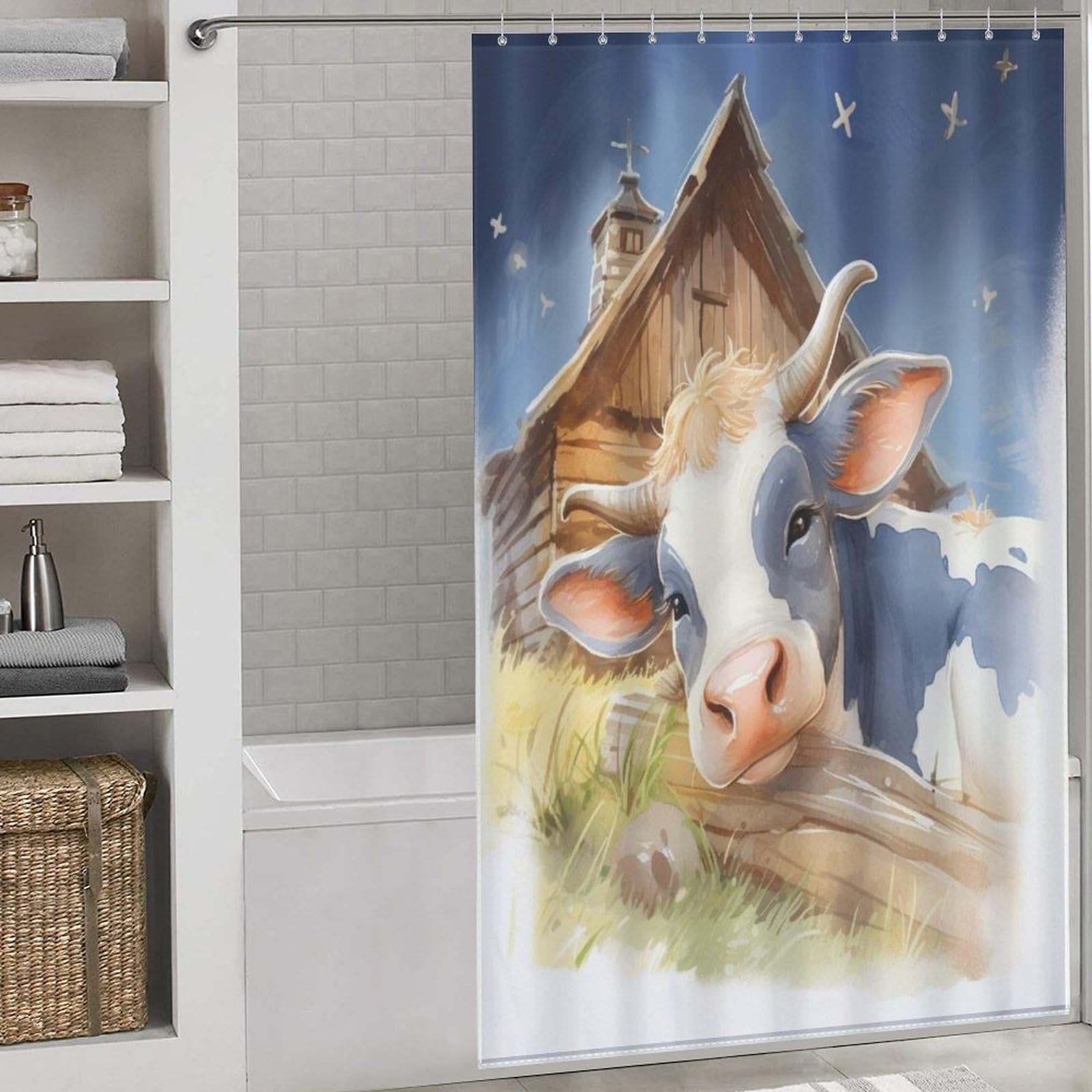 Rideau de douche tissu lavable et imperméable motif vache 140x183cm séchage rapide