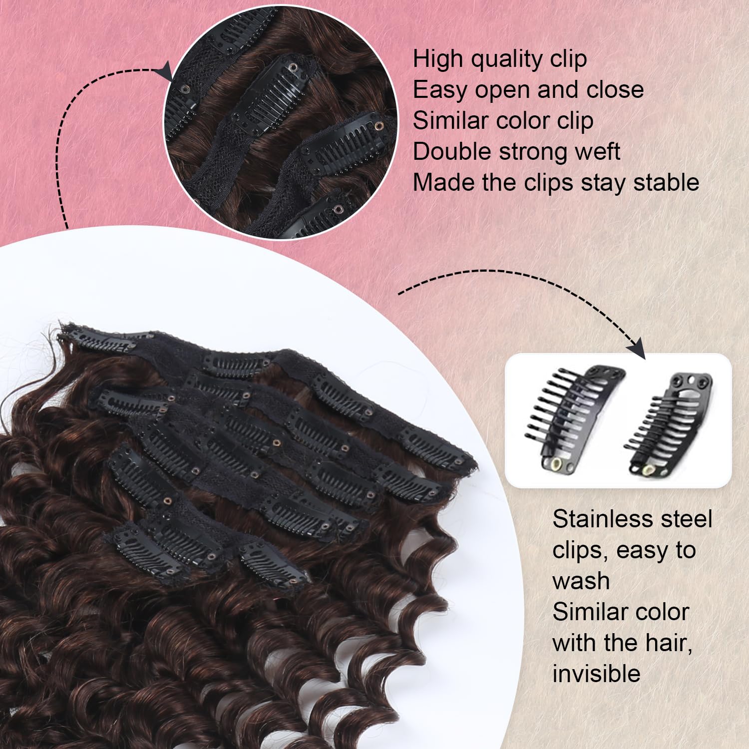 Dark Brown Clip in Hair Extensions Real Human Hair, 14 Inch 100g 8pcs #2 Brown Human Extensions - Image 2