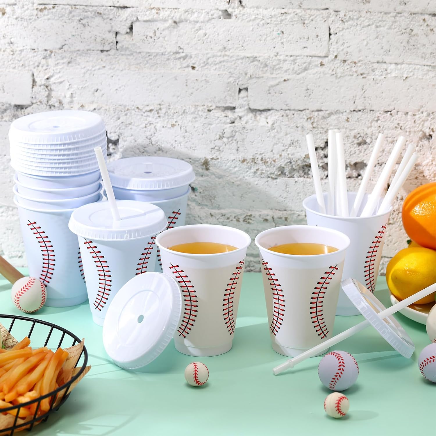 12 Pcs Baseball Party Cups with Straws and Lids Bulk 16 oz Plastic Water Baseball Cups for Birthday Supplies Reusable Sports Party Decoration for Sports Event - Image 4