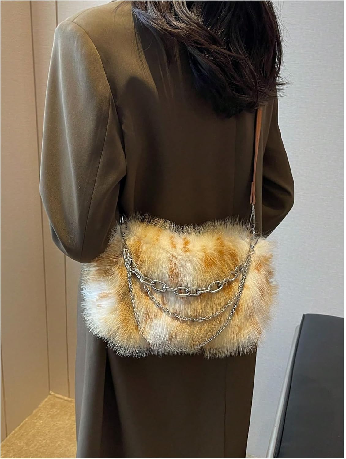 MakeMeChic Women's Faux Fur Hobo Bag Top Handle Fuzzy Shoulder Handbags Plush Square Bags Purse - Image 6