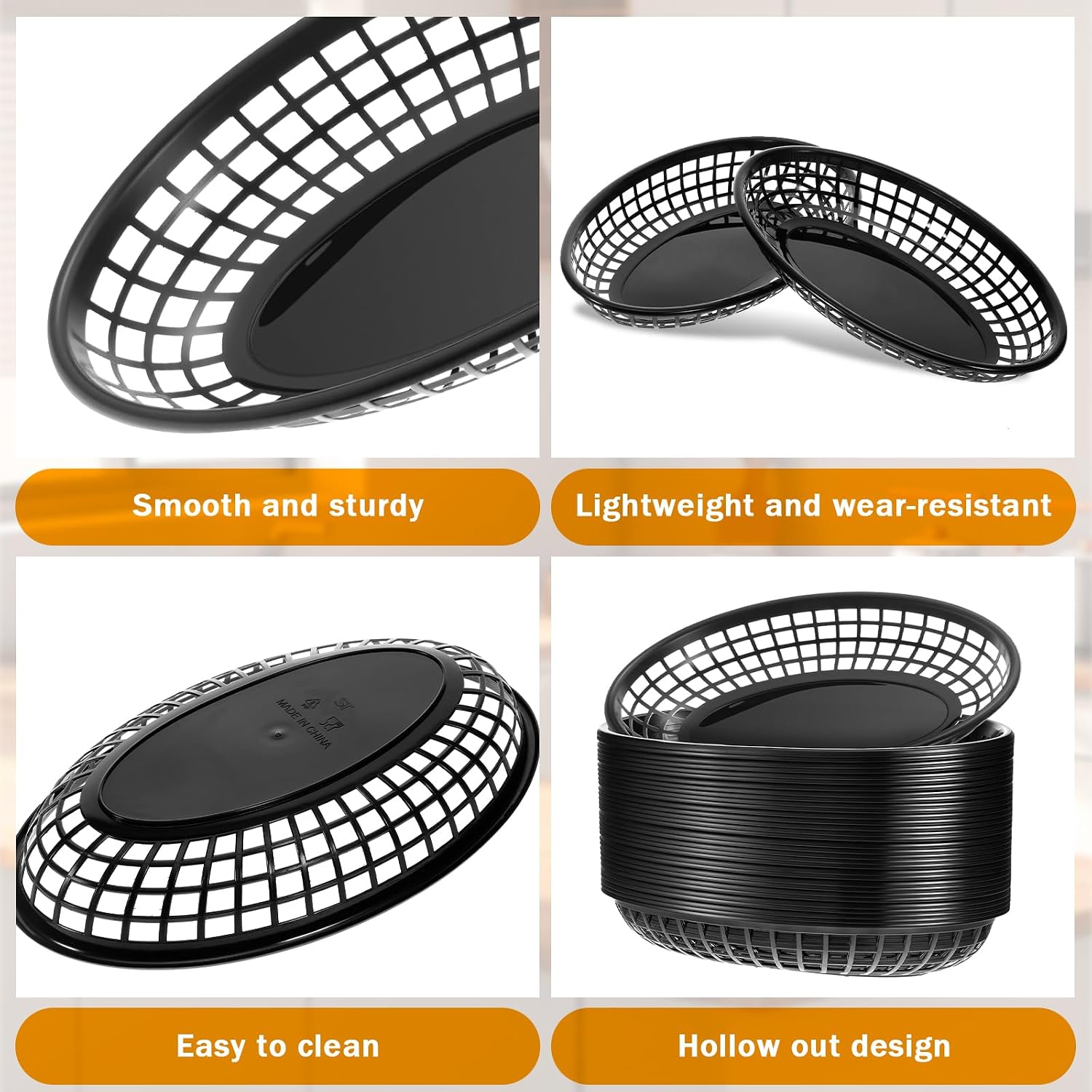 100 Packs Fast Food Baskets 8.9 x 5.5 Inch Black Plastic Baskets for Serving Food Service Tray Reusable Chip Tray Oval Storage Basket Plates Bin for Hot Dog Burger Sandwiches