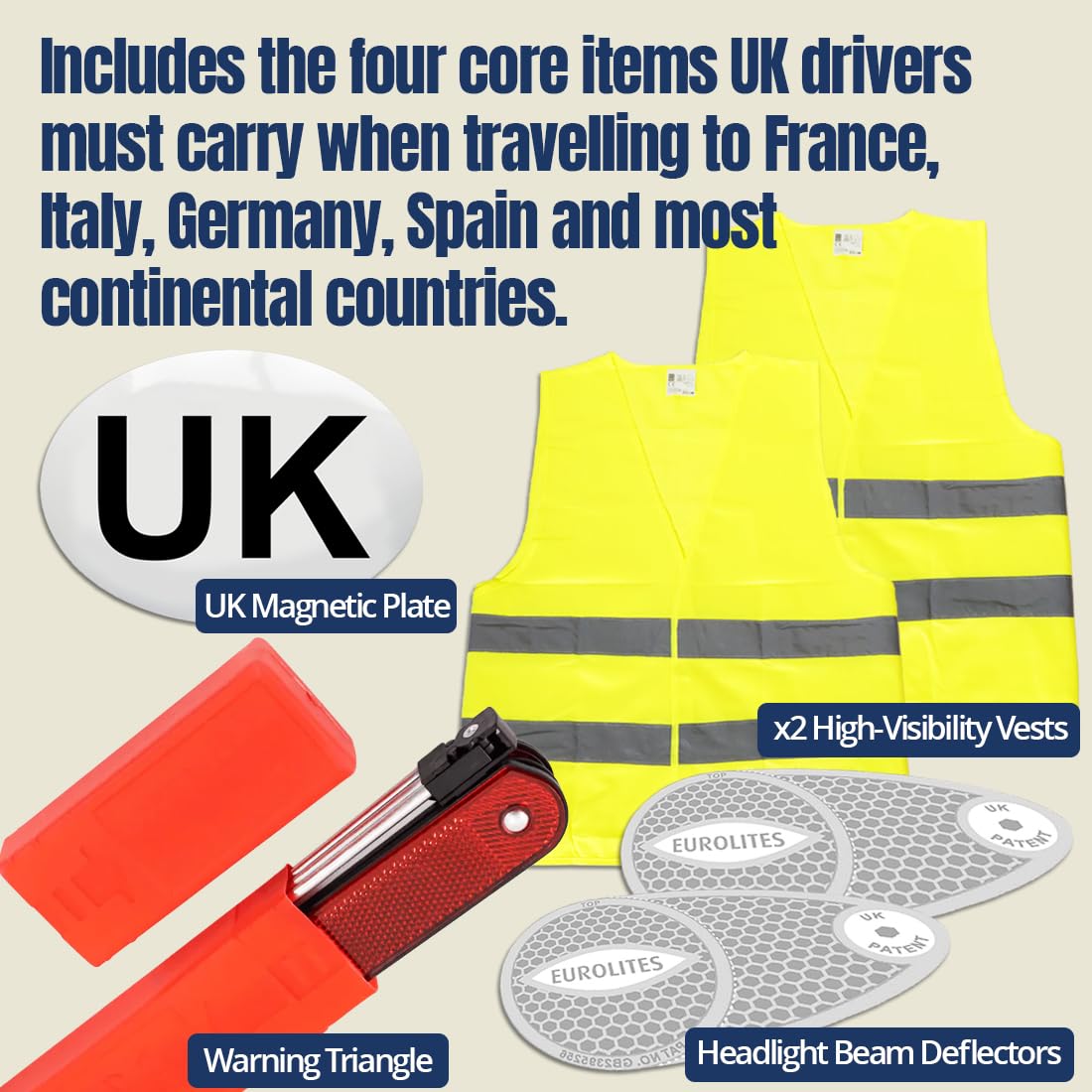 EVAQ8 Europe Travel Driving Kit 2026 Includes the Four Core Items UK Cars Must Carry When Travelling to France, Italy, Germany, Spain: UK Sticker, Warning Triangle, Vests, Headlamp Beam Converters - 3