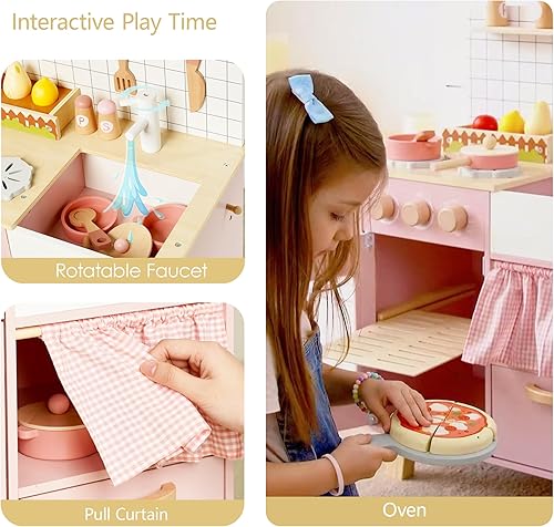 Miniatura 5 de Cocina de juego de madera rosa con características realistas y accesorios, juguete de cocina de simulación para niños mayores de 3 años, regalo