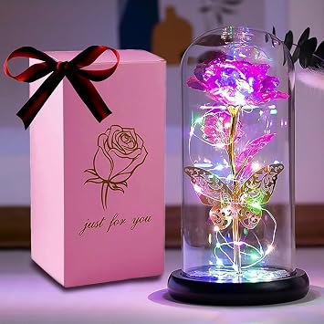 Rose Flower Gifts for Women, Birthday Gifts for Mom, Galaxy Rainbow Roses Artificial Flower Glass Light Up Dome Butterfly Roses, Gifts for Women Girlfriend Wife, Valentines Day, Anniversary