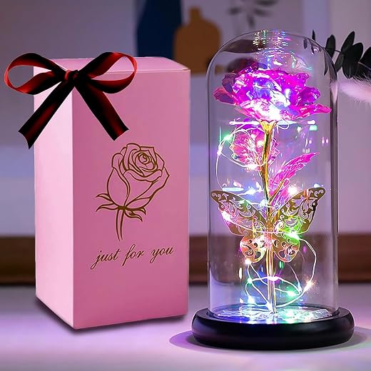Rose Flower Gifts for Women, Birthday Gifts for Mom, Galaxy Rainbow Roses Artificial Flower Glass Light Up Dome Butterfly 