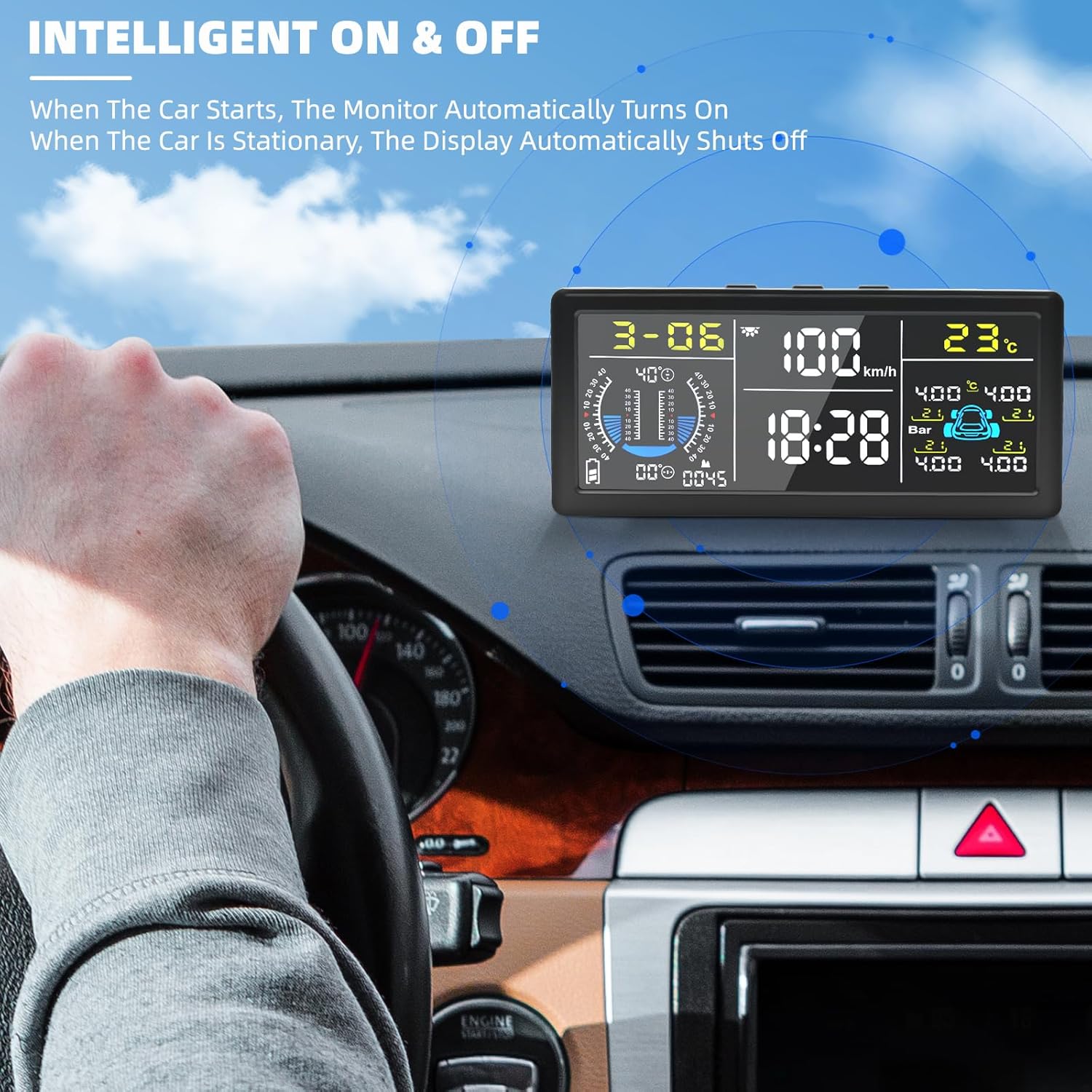 8-in-1 Advanced Tire Pressure Monitoring System with 4 External TPMS Sensors, RV TPMS, 6″ Color LCD Display,Real-time Multifunctional w/Slope Meter,Altitude,Speedometer,Car/TireTemperature,Date,Time