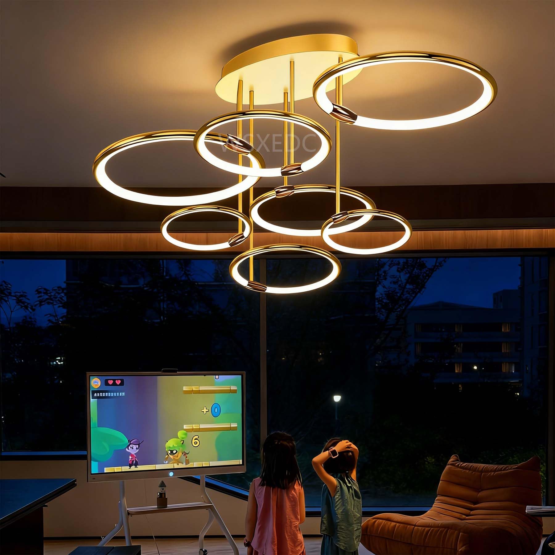 Ring LED Gold Ceiling Light 144 W Modern Dimmable Living Room Pendant Light with Night Light Creative 7 Ring DIY Bedroom Lamp for Living Room Study Office Dining Room Bedroom (Gold, 110cm，144W)