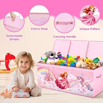 Kids Toy Box Storage with Lid Organizer Bin for Bedroom Princess Unicorn