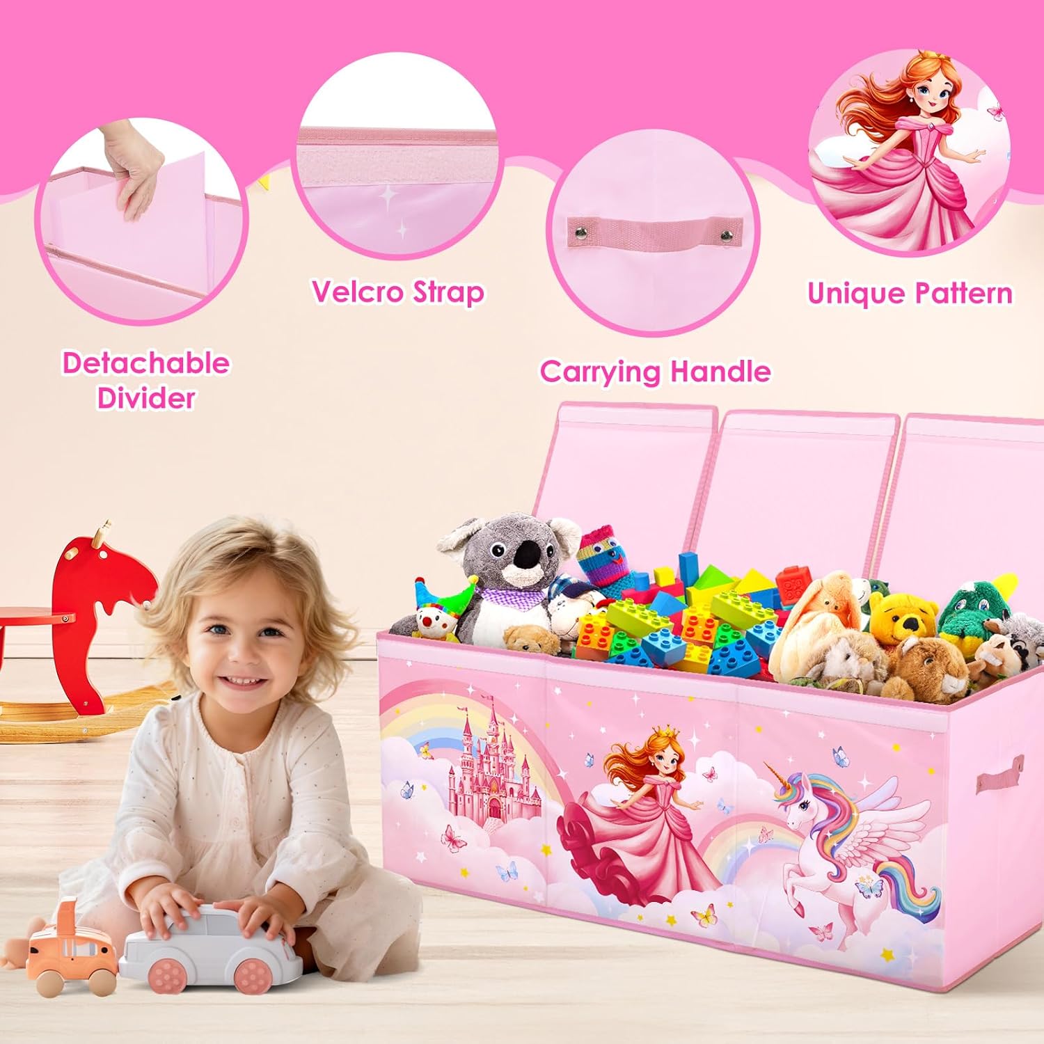 Toy Storage Bin with Lids,Extra Large Toy Box Chest with Handles for Kids Boys Girls,Collapsible Storage Organizer Box Bin Basket for Bedroom,Playroom, Nursery,37.8"x12.6" x15.7",Princess Unicorn
