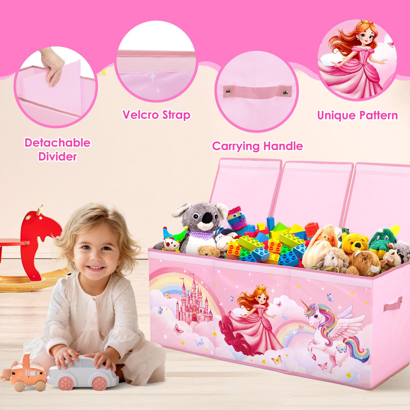 Boîte Rangement Coffre de Jouet,Grand Boîte à jouets avec Couvercle et Poignées pour Enfants Garçons Filles,Pliable Boîte de Rangement Adaptée Aux Chambre, Salle De Jeux,Princesse Licorne