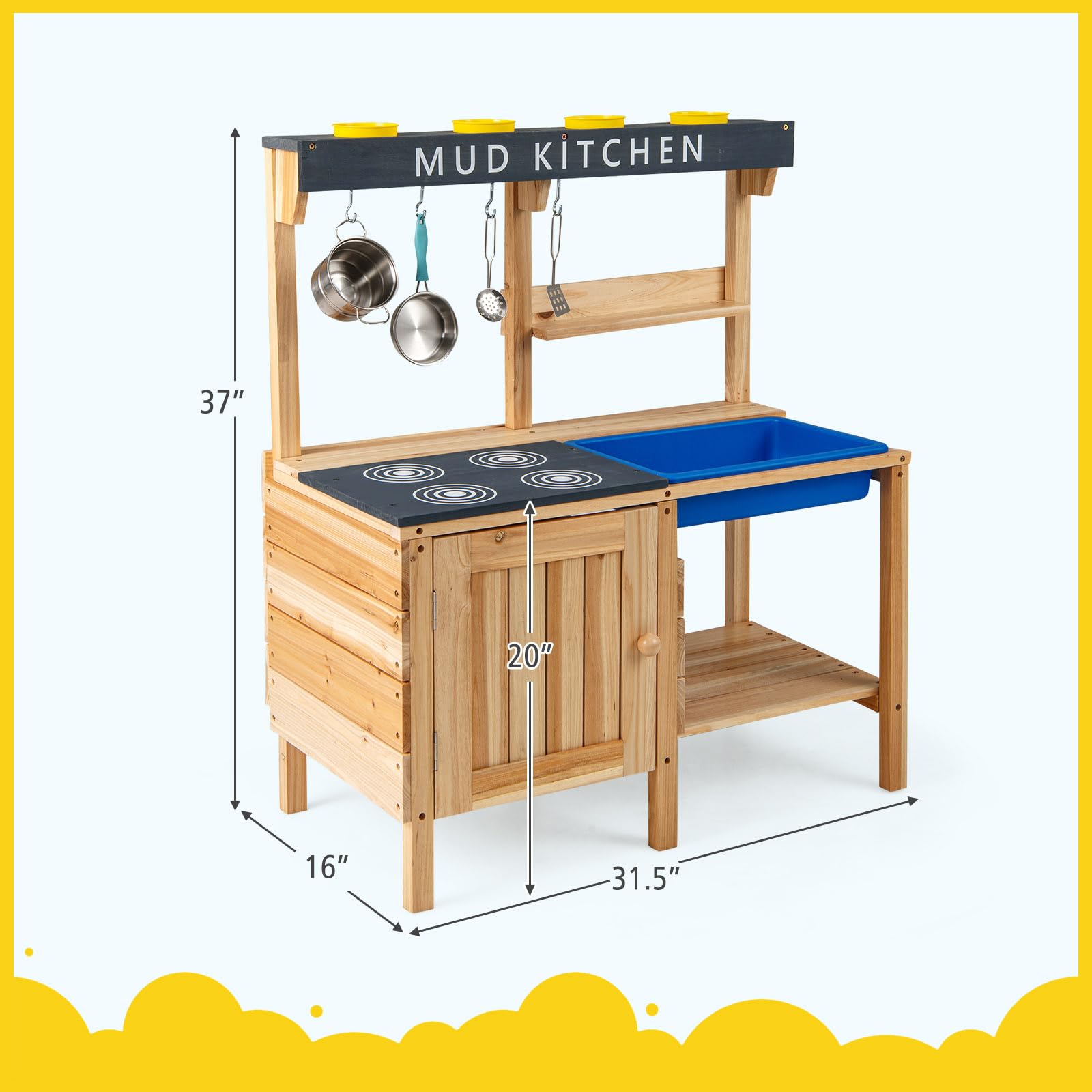 FANTASK Matschküche aus Holz, Kinder Spielküche mit abnehmbarem Waschbecken & Zubehör, Outdoor Kinderküche mit Schrank, 2 Ablagefächern, Becherhalter & Haken, Gartenküche für Kinder ab 3 Jahren