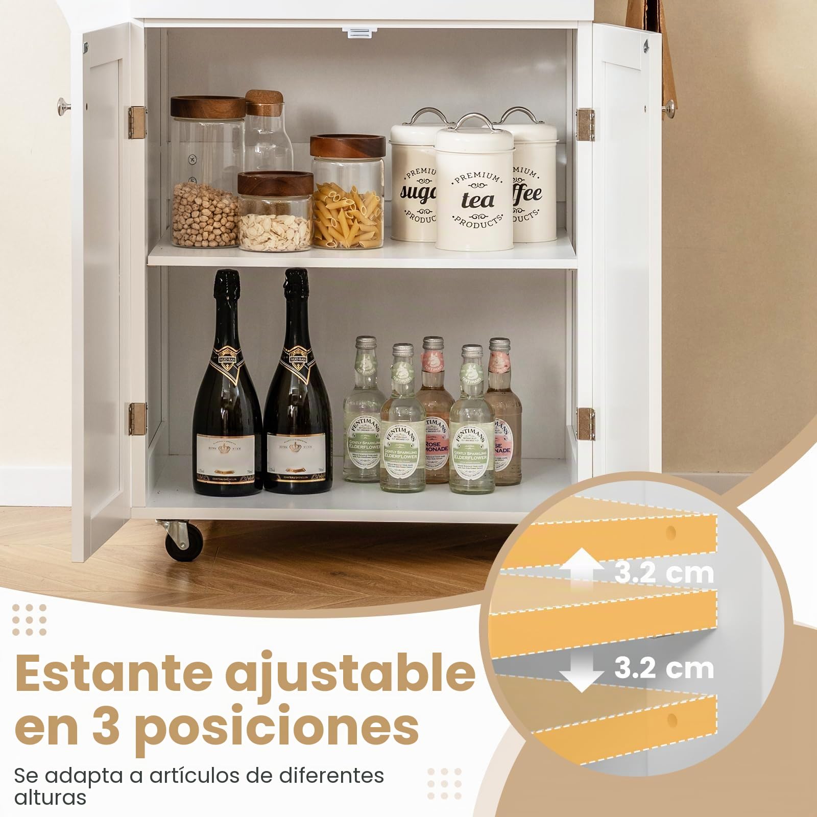 KOMFOTTEU Carrito de Cocina con Ruedas, Carro de Servicio con Cajón, Armario con 2 Puertas, Especiero y Toallero, Isla de Cocina con Estante Ajustable, para Comedor, Bar, 83 x 48 x 91 cm, Blanco