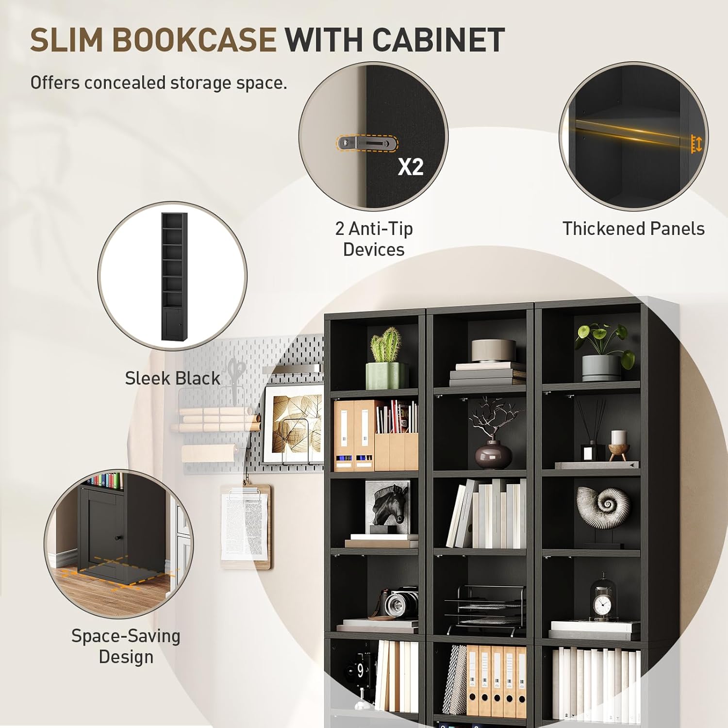 RALGEND 7-Tier Tall Narrow Bookshelf with Door, 11.8 X 9.3 X 70.9 Inches CD DVD Slim Media Tower Rack with Storage Cabinet, Adjustable Shelves, Skinny Bookshelf Display Bookcase for Home Office, Black
