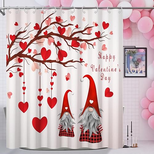 CRTPOD Cortina de ducha de gnomos rojos para el día de San Valentín romántica cortina de baño de tela impermeable con 12 ganchos 72 x 72 pulgadas