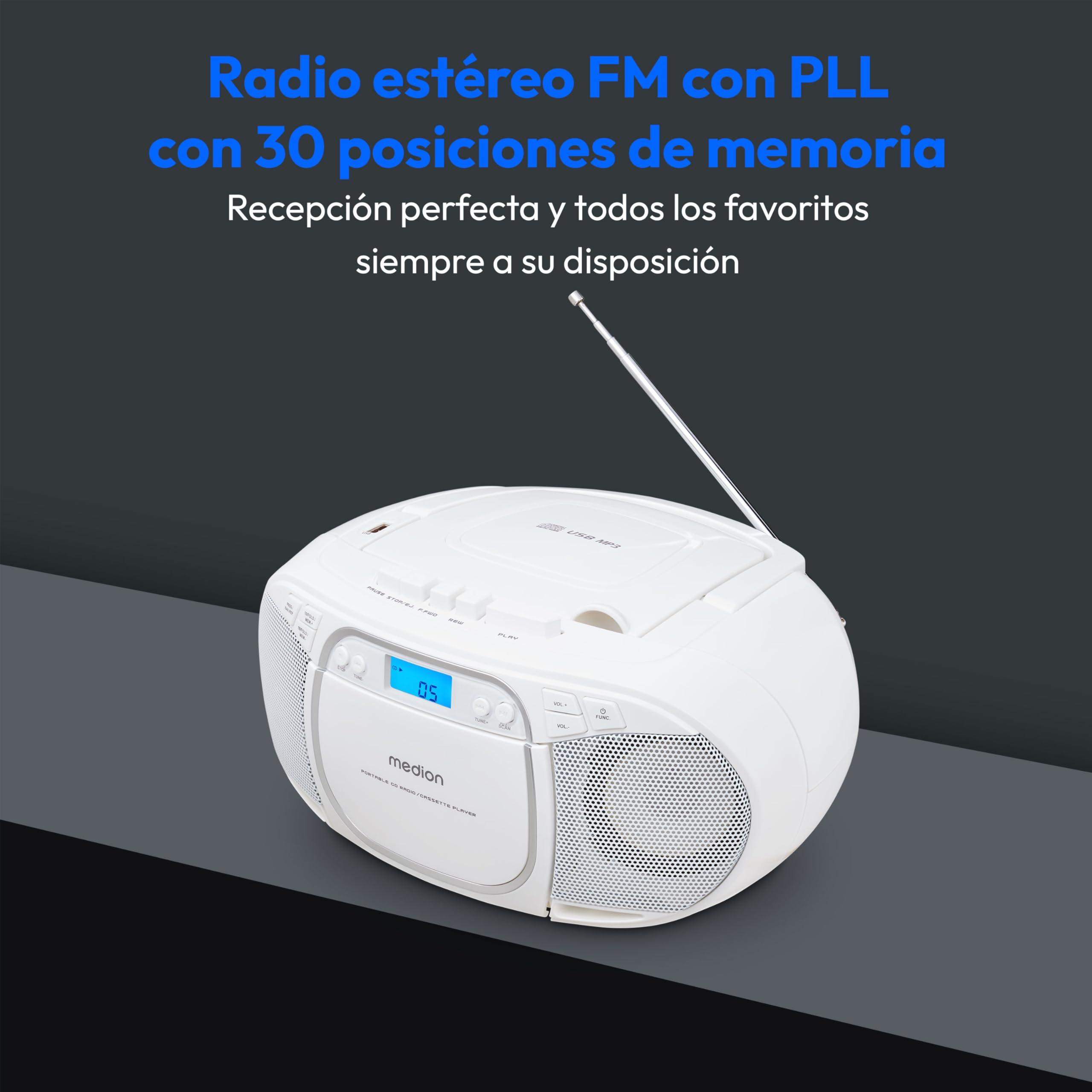 MEDION E66476 Sistema de Sonido estéreo (Boombox, Reproductor de CD, MP3, Cassette, Reproductor de Cassettes portátil para niños, Radio FM, AUX, Auriculares, Red y batería) Blanco