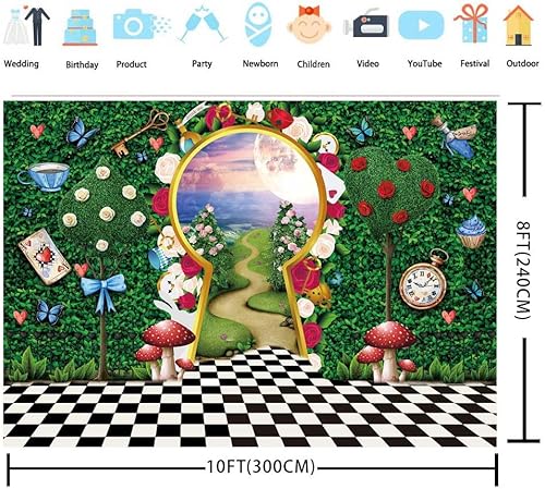 Miniatura 9 de Telón de fondo para fotografía del país de las maravillas de 7 x 5 pies, decoración de fiesta de té, cuento de hadas, castillo, conejo, hoja verde,