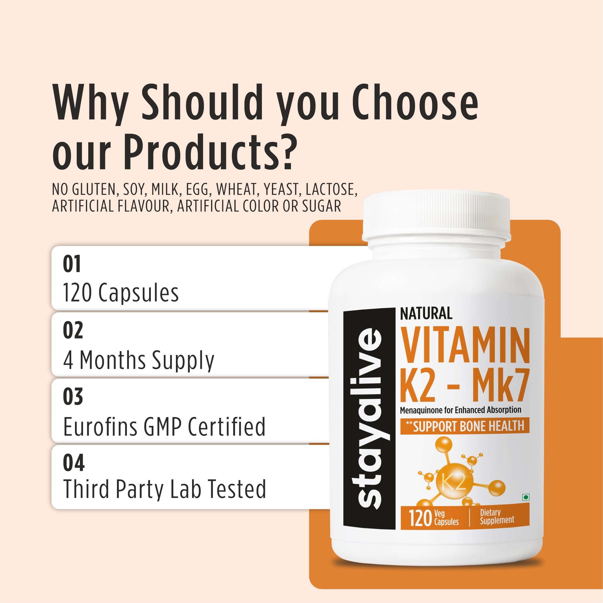 STAY ALIVE Vitamin K2 MK-7 55mcg | High Absorption | 120 Capsules for Strong Bones & Heart Health | Non-GMO, Gluten-Free Vitamin K2 MK7 Supplement For Men and Women 4