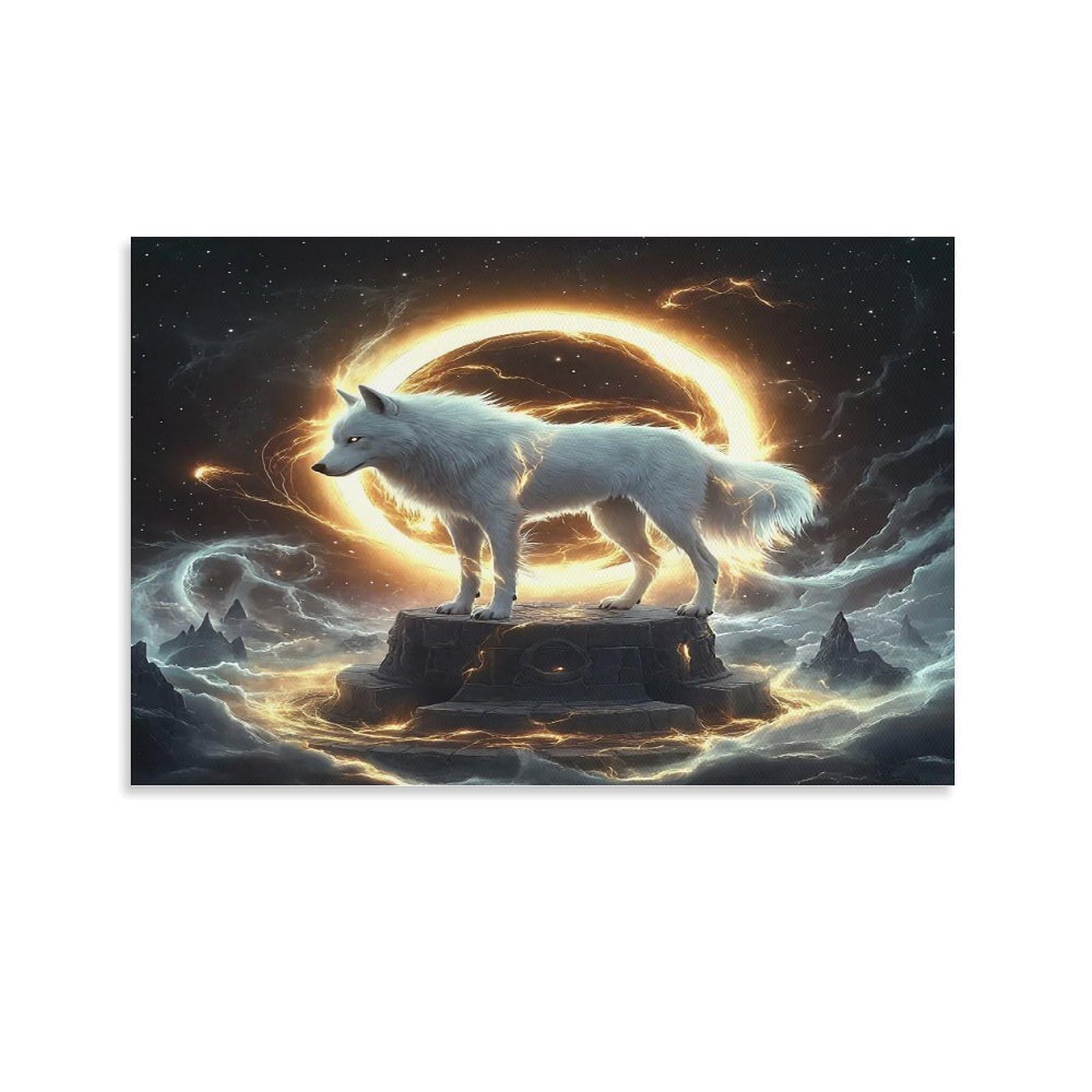 CPLVKWRQJ Sleeping Wolves in A Forest Glade 1 Piece White Wolf Glowing Ring Smoky Cliff Peak Canvas Artwork - Living Room Gallery Wall Statement Piece Fade Resistant Decor 12x18inch(30x45cm)