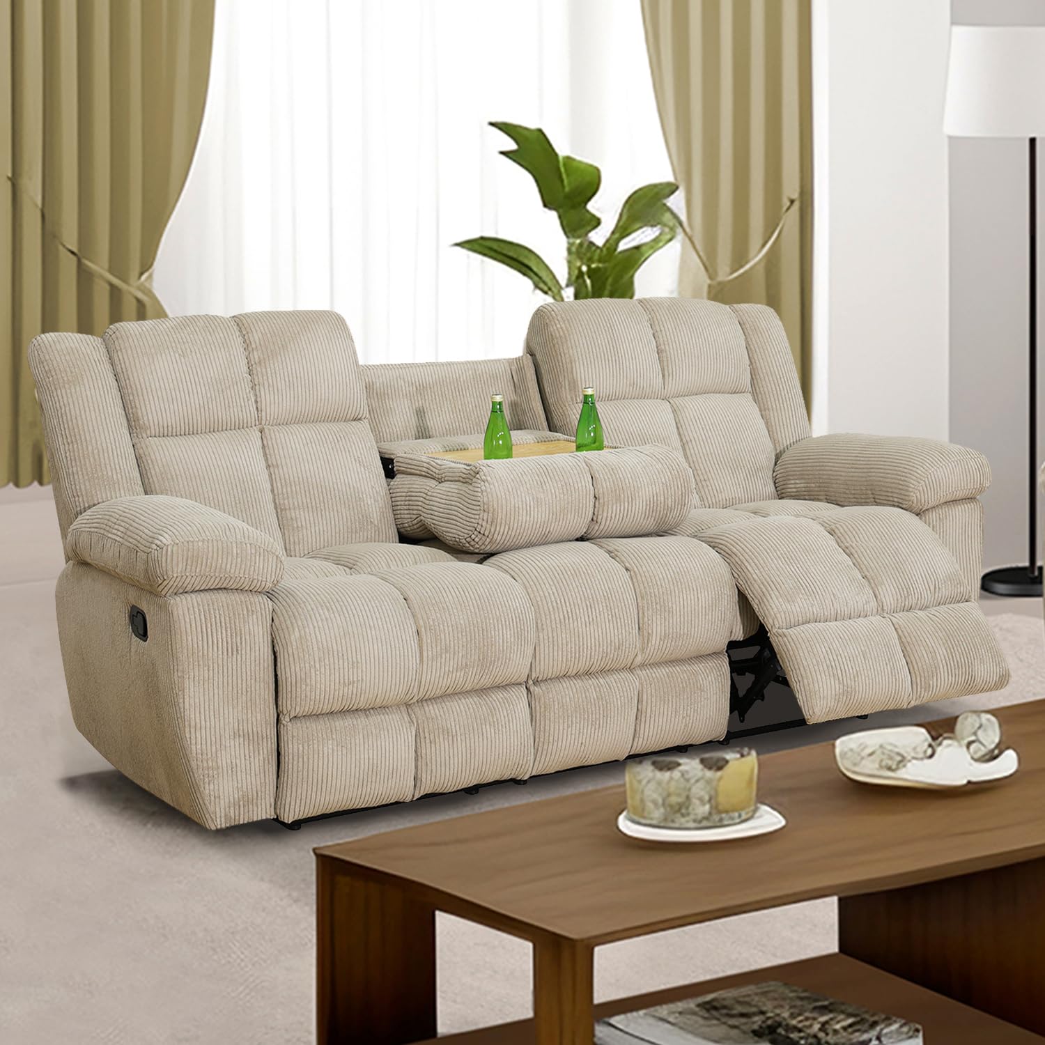 SIENWIEY Beige Corduroy Reclining Sofa with Drop Down Table