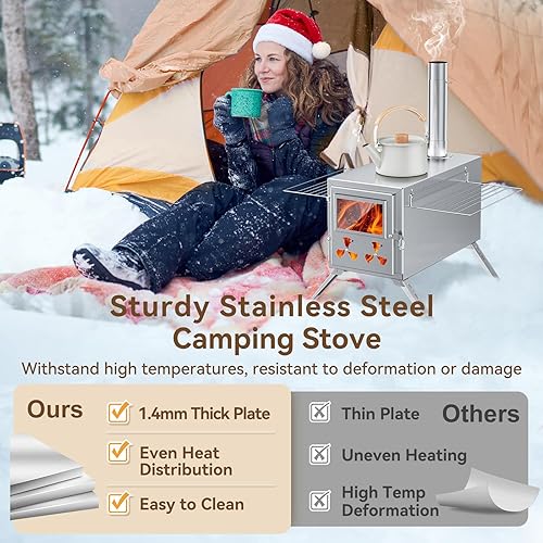 Miniatura 4 de Estufa de tienda de campaña caliente para sauna, estufa de leña con 8 tubos de chimenea de acero inoxidable, estufa de leña plegable portátil para