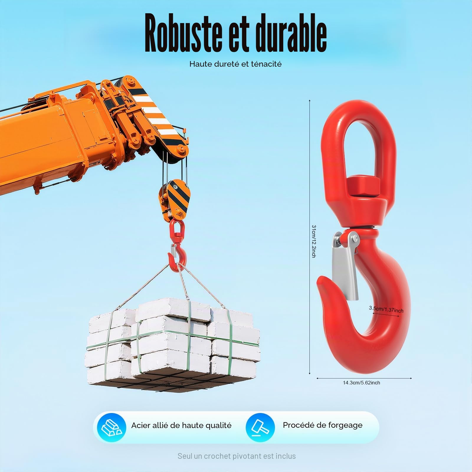 Crochet de charge à invertébré avec verrouillage de sécurité, 7 tonnes, pivotant à 360°, crochet de levage de 31 cm avec fermeture de sécurité – Crochet de levage robuste pour grue, remorque et