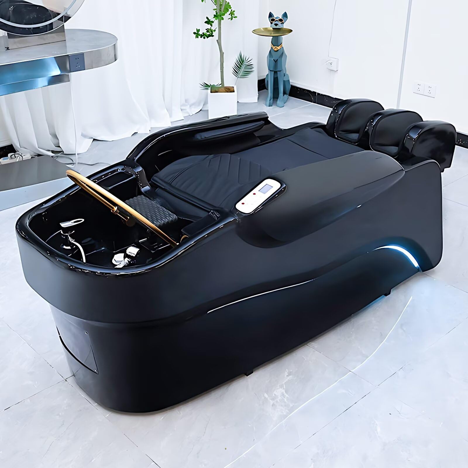 Professionelle Salon-Waschliege Und Massageliege, Minimalistisches Design In Schwarz, Kopf-Spa-Ausstattung mit Elektrischer Beinhebung, Intelligenter Massagefunktion Und Wasserzirkulation