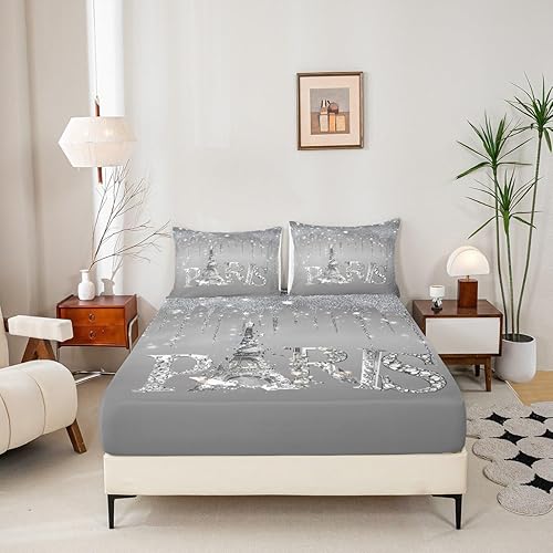 Miniatura 5 de Juego de sábanas de 4 piezas para niños, tamaño Queen, diseño romántico de diamantes con purpurina, diseño de arquitectura famosa de París, 4 piezas