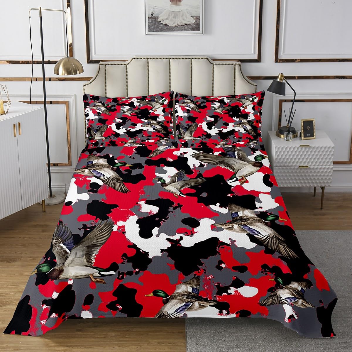 jejeloiu Red Mallard Duck Coverlet Set Queen Size Kids Wild Duck Hunting Quilted Coverlet for Boys Girls Teens Camouflage Camo Military Style Hunting Wild Animal Bedspread Room Decor