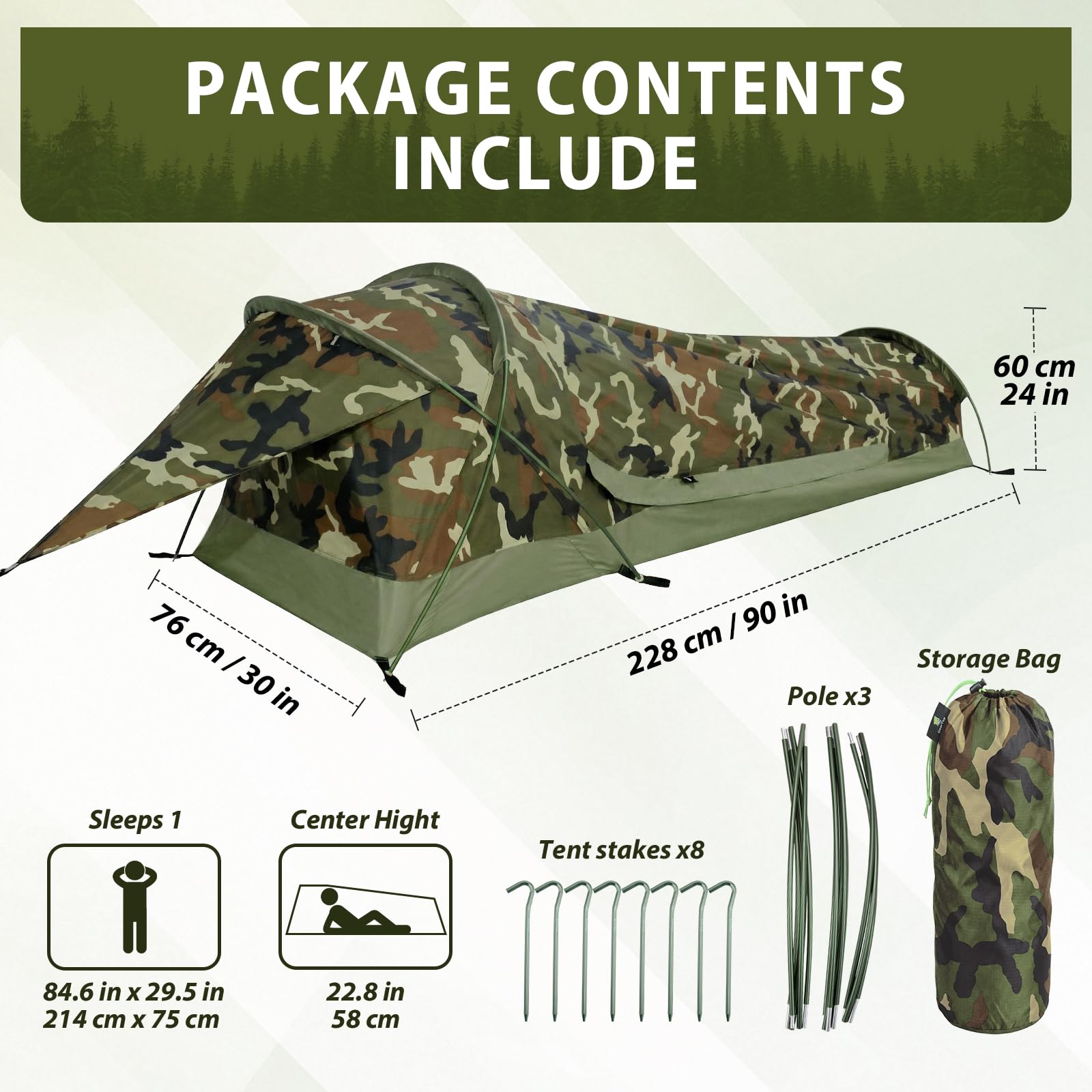 GEERTOP Ultralight Tente de bivouac imperméable pour 1 personne, vert, sac de couchage d'extérieur, couverture de bivouac de camping, couverture réutilisable pour l'extérieur, le camping, la randonnée