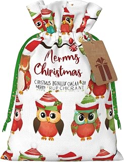 ZHYGZWWG Owls On Tree Branches Christmas Gift Bags, Drawstring Opening And Closing Bags, With Gift Labels