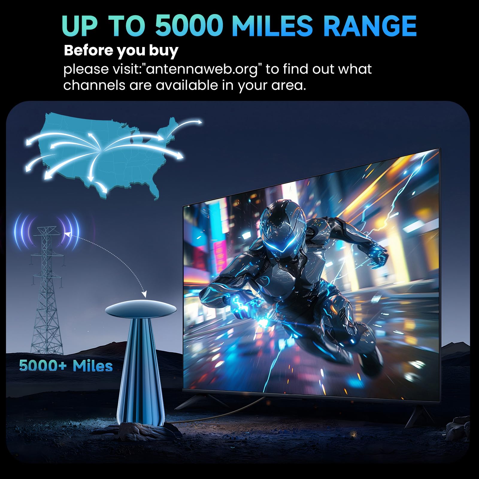 Range Antenna TV 5000+ miglia, antenna digitale per Smart TV, amplificatore di segnale, supporta 4k 8k - cavo coassiale