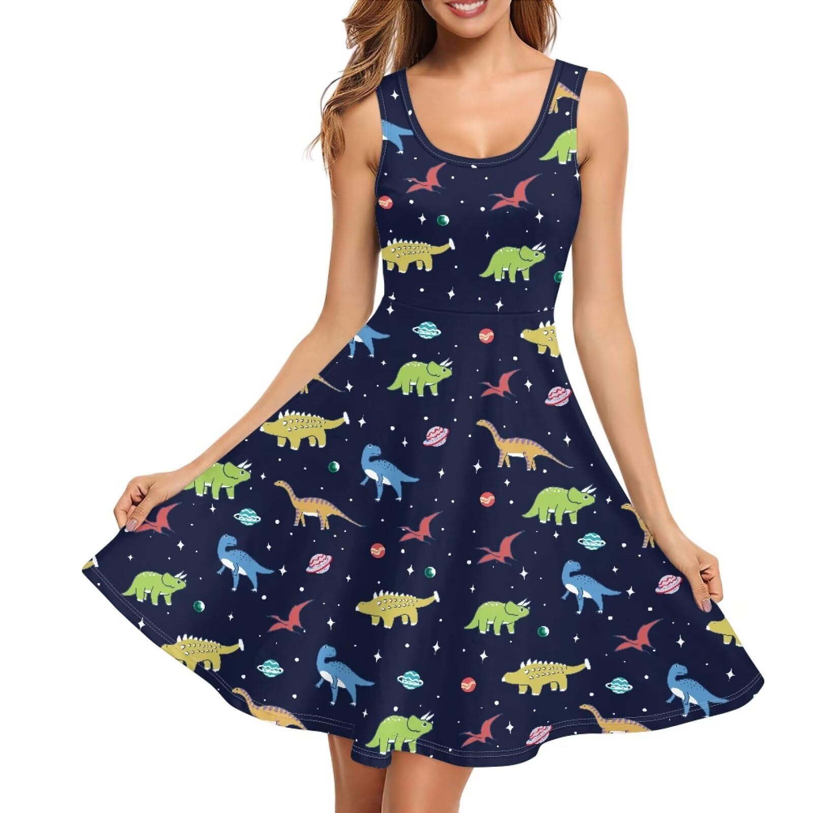 Women Stylish Tank Dresses Sleeveless Round Neck Midi Casual Dress with Pocket for Summer
