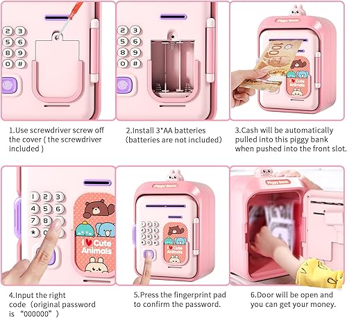Miniatura 4 de AIQI Hucha de juguete electrónico mini cajero automático con contraseña personal y simulación de desbloqueo de huellas dactilares, caja de música