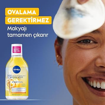 NIVEA Micellar Brightening Makeup Removal Water 400 ml, Removes Waterproof Makeup, Does Not Require Scrubbing, Contains Serum, Vitamin C, Vitamin E,