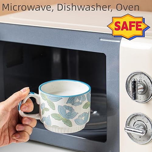 Miniatura 3 de TELAMEISU Juego de 4 tazas de café de cerámica florales, apilables de porcelana de 14 onzas para hombre, mujer, regalo, apto para microondas y