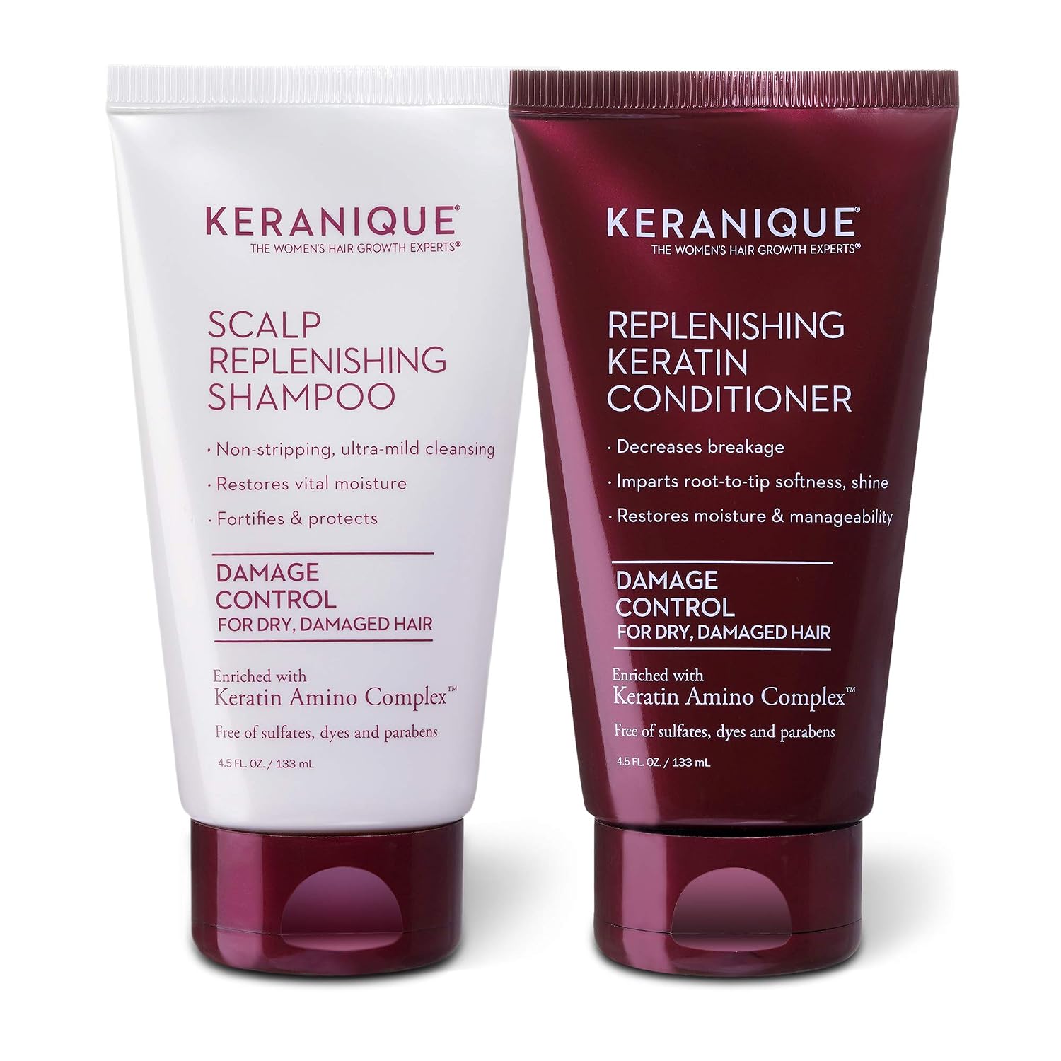 Keranique Keratin Shampoo and Conditioner Set for Damaged Thinning Hair, Sulfates/Parabens Free, stimulates scalp to nourish/rejuvenate hair follicles for healthy Thicker Fuller Hair 4.5 OZ each