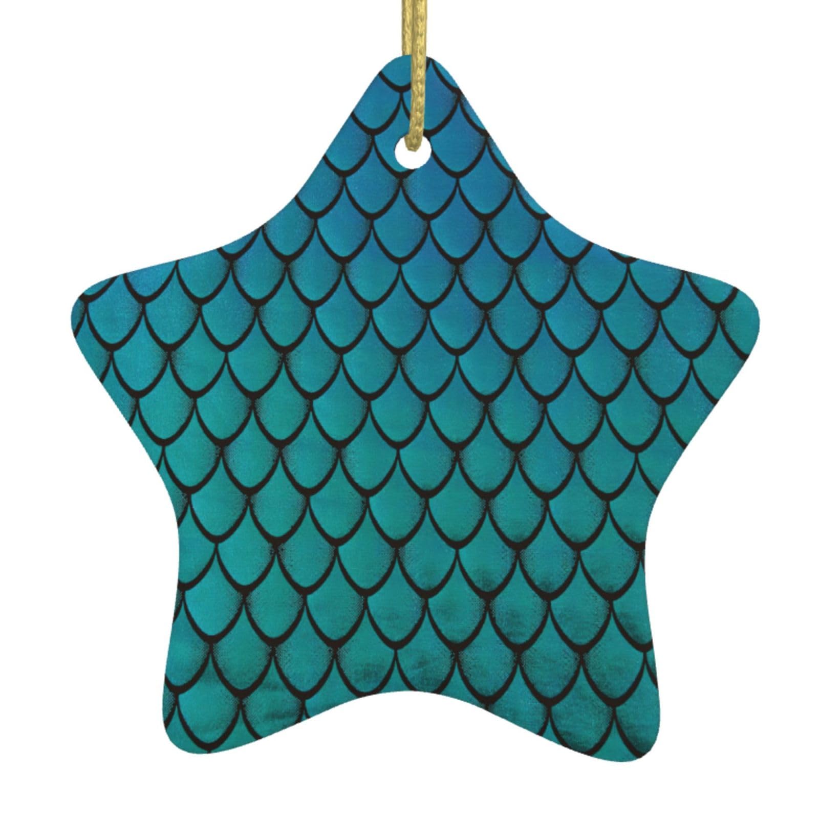 Nbtghga White Blue Fish Scale Print Christmas Ornaments, Ceramic Hanging Ornament, Round Shape Decorations