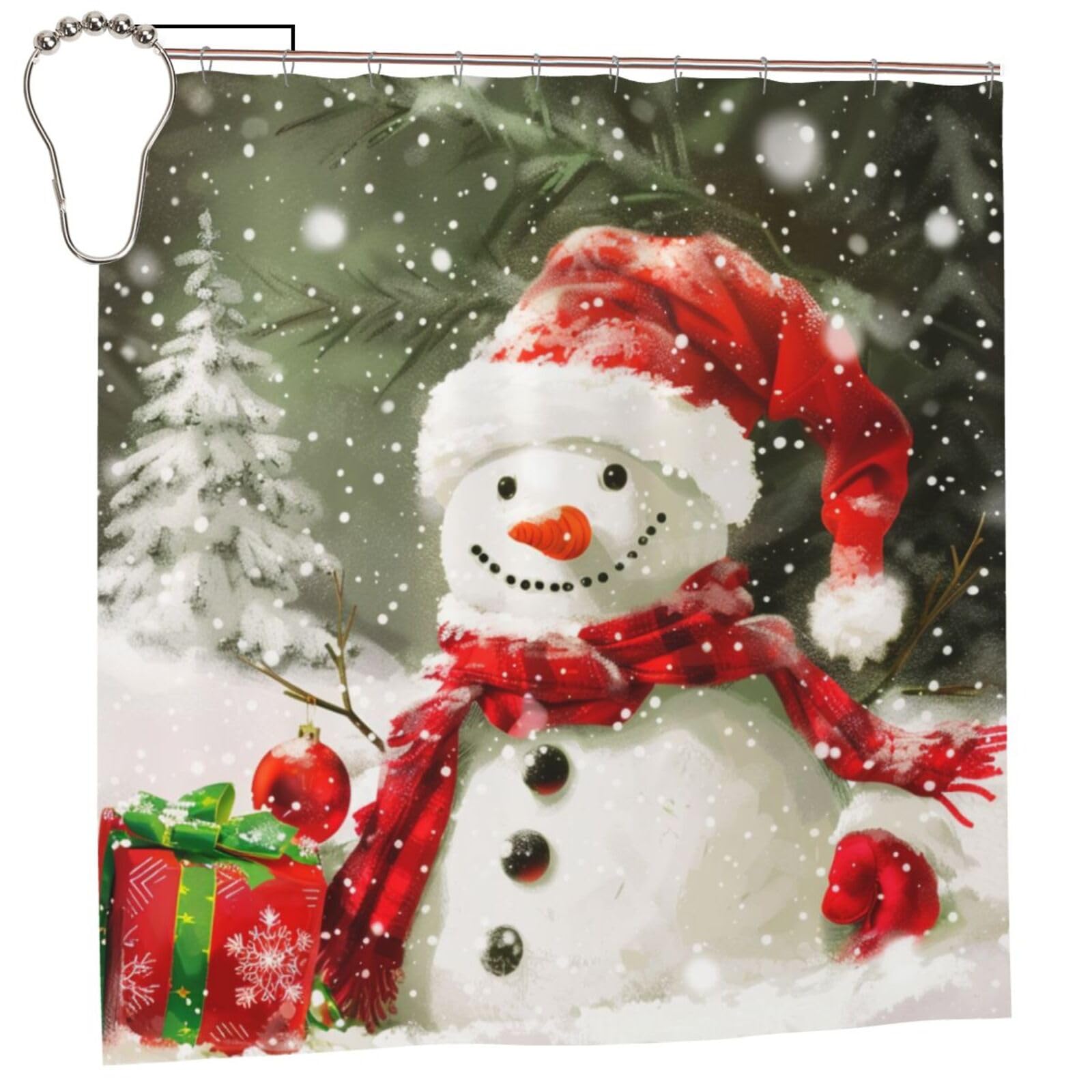 BWWHCCTI Merry Christmas With Happy Snowman Printed Shower Curtain With 12 Iron Hooks Opaque Quick Drying Waterproof Shower Curtains Sets For Bathroom 183x183 CM