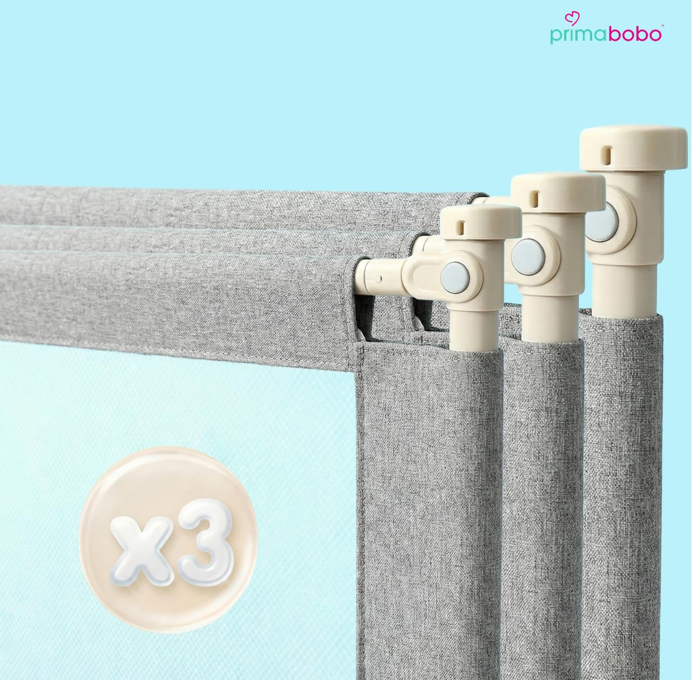 Primabobo Barrière de Lit Enfant Classic Gris 200 cm 160 cm Pliable – Lot de 3, Hauteur Réglable, Protection Lit Bébé