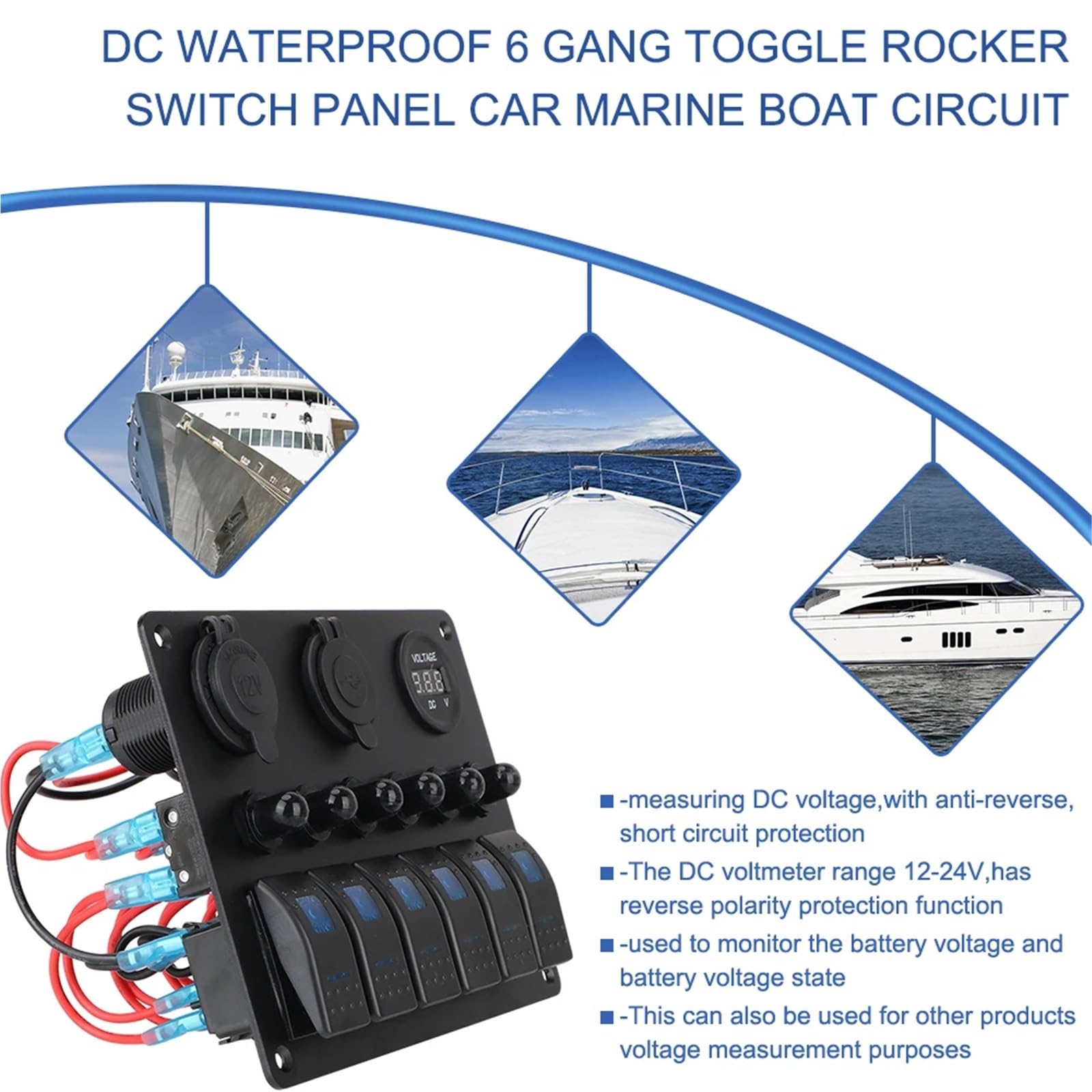 Panel de interruptores for coche de 12 V y 24 V, 6 botones, fusible de 15 A, disyuntor marino, voltímetro, comprobador de luz, cargadores USB 3.0, divisor automático Interruptor Basculante(6 gang red)